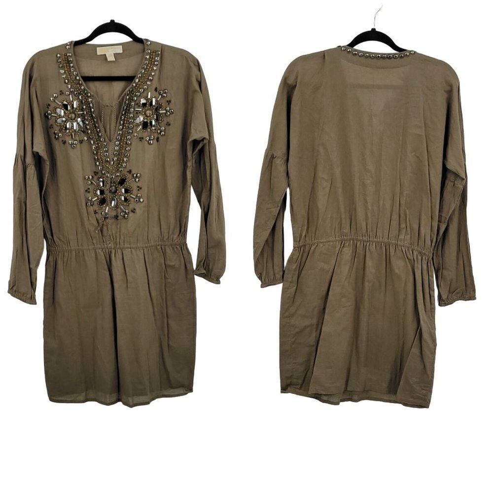 Michael Kors Boho Peasant Mini‎ Tunic Dress M Army Green Beaded Cotton Bishop